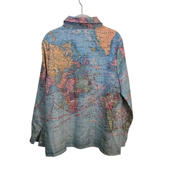 MissLook Novelty World Map Print Linen Button Down Shirt Size 3X - Picture 3 of 7